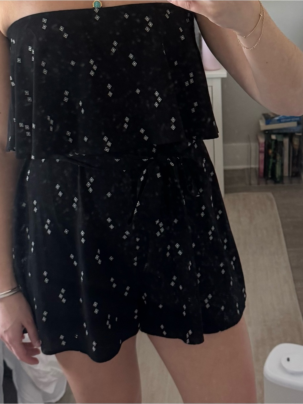 The Impeccable Pig Black Strapless Romper with Silver Diamond Print